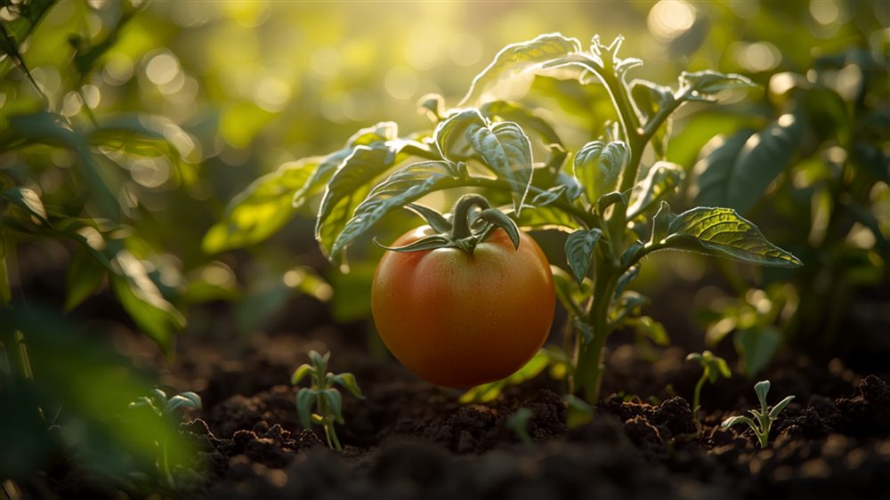 Junge Tomatenpflanze im warmen Gegenlicht