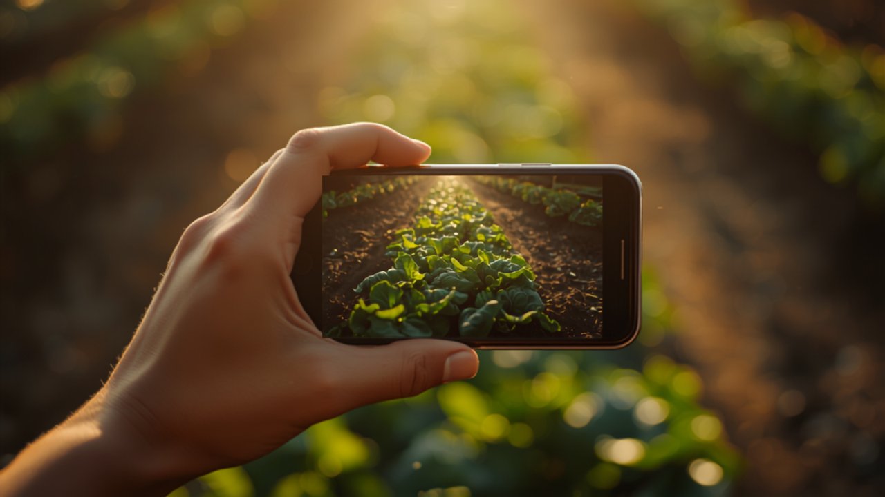 Hand fotografiert ein Gemüsebeet mit dem Smartphone