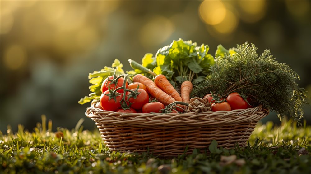 Korb mit frisch geerntetem Gemüse im Garten